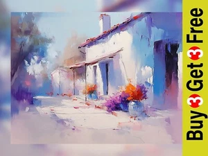 Mediterranean Porch Scene 5"x7" Matte Paper | Vibrant Impressionist Cottage Art - Picture 1 of 7
