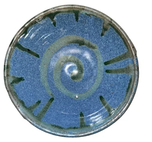 Handarbeit Kunstkeramik Schale Tropfglasur Wirbel grün blau signiert handgeworfen - Bild 1 von 5