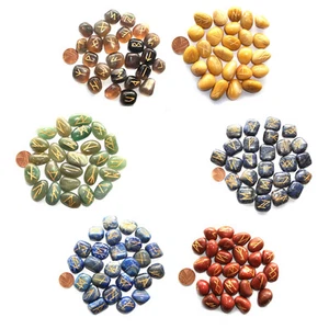 Genuine Crystal Gemstone Rune Stones & Pouch Pagan Nordic Elder Futhark Runes UK - Picture 1 of 13