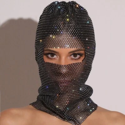 Ladies Glitter Rhinestone Face Mask Shiny Balaclava Crystal Headwear Sexy Club - Image 1 of 4