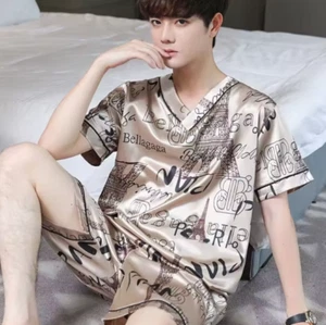 enaz01 Pajamas Men Ice Silk Thin Short-Sleeved Two-Piece Suit Korean Version of - Picture 1 of 9