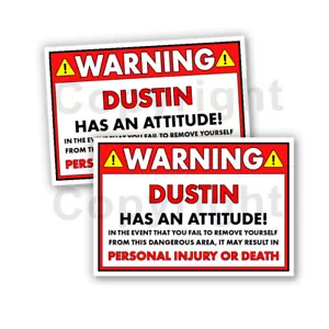 Pegatinas de advertencia divertidas Dustin HAS AN ATTITUDE 5" de ancho naranja 2 calcomanías - Imagen 1 de 1
