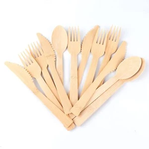 Bamboo Utensils 100 Pk 50 Forks 25 Spoons 25 Knives 6.7" Compostable Forks Spo - Picture 1 of 5