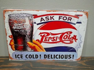 ¡Pide PEPSI-COLA Ice Cold Delicious! Letrero retro de metal de 12 x 8 pulgadas - Imagen 1 de 4