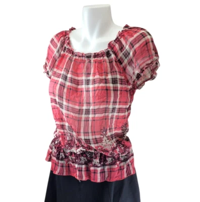 Blusa para mujer INC International Concepts rosa a cuadros floral seda semi transparente Y2K 8 Foto 1 de 4