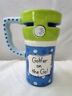 Golfer on the Go! Ceramic Travel Coffee Mug Cup w/ Lid Blue and Green 12 oz