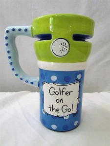 Golfer on the Go! Ceramic Travel Coffee Mug Cup w/ Lid Blue and Green 12 oz - Picture 1 of 7
