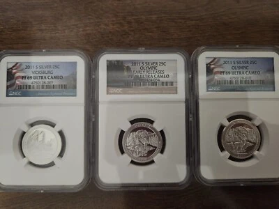 Lot of 3 2011 S ATB 90% Silver Quarters 2 PF69 1 PF 70 Ultra Cameo Worth a Look! - Image 1 of 4