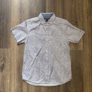 Tommy Hilfiger Men’s Shirt L Slim Fit Short Sleeve Blue White Pattern Button Up - Picture 1 of 4