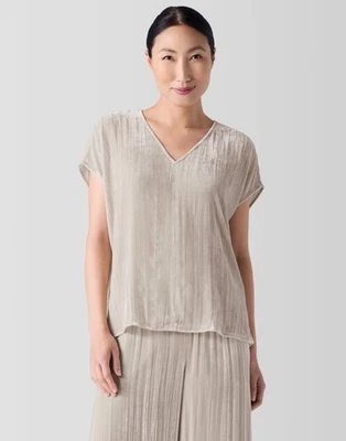 Eileen Fisher Crushed Velvet Square Top Blouse V-neck Almond Womens M - Image 1 of 4