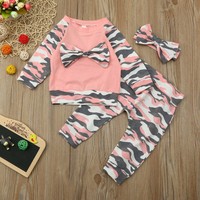 Newborn Toddler Baby Girls Boys Camouflage Bow Tops Pants Outfits Set Clothes