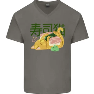 Sushi Cat Mens V-Neck Cotton T-Shirt - Picture 1 of 31