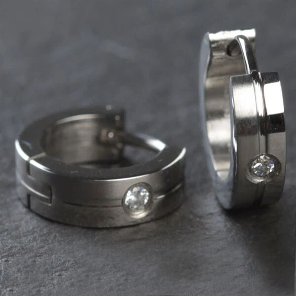 1 Paio Acciaio Inox Orecchini a Cerchio Argento Zirconi Cristallo Opaco ER57 - Immagine 1 di 1