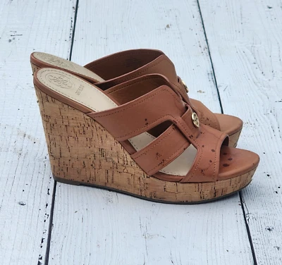 Guess Mujer Cuero Marrón Cuña Sandalia Tacones Talla US 7.5 EU 38 USADO UNA VEZ Foto 1 de 4
