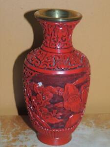 Vintage Small Cinnabar 6" Vase red lacquer brass deep carving Chinese Antique