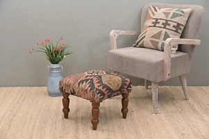 Handcrafted Acacia Wood Stool with Decorative Kilim Upholstery | Elegant Footsto - Picture 1 of 5