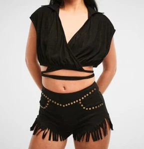 MISSGUIDED ❤️Black Studded Fringe Hot Pants Shorts High Rise❤️ 6-8 S Petite BNWT - Picture 1 of 4