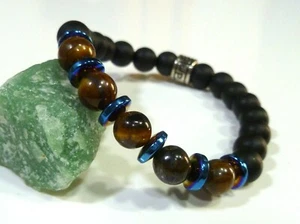ONYX MIT TIGERAUGEN HANDGEFERTIGTES GUMMIZUG ARMBAND - Bild 1 von 5