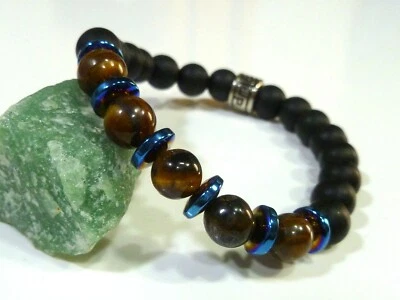 ONYX MIT TIGERAUGEN HANDGEFERTIGTES GUMMIZUG ARMBAND - Bild 1 von 4