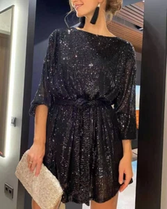 Ladies Festival Party Sparkling Beaded Crewneck Bubble Sleeve Lace-Up Dress Gown - Picture 1 of 36