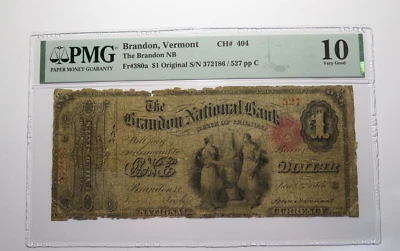 $1 1865 Brandon Vermont National Currency Bank Note Bill 404 Original Series Ace - Image 1 of 3