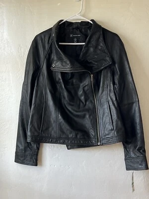 I.N.C International Concepts Jacket Womens Large Black Leather Moto Zip Snap NWT - Image 1 of 4