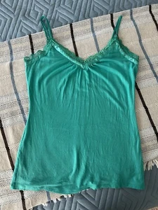 Vintage Express Y2K ('08) Style Size M Lace Trim Cami in Green Modal Spandex - Picture 1 of 14