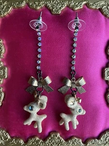 Betsey Johnson Snow Angel Winter Glitter Deer Fawn Blue Crystal Eyes AB Earrings - Picture 1 of 2