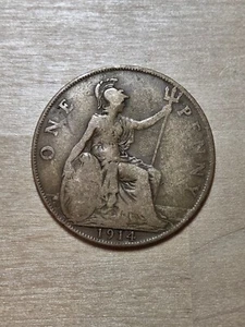 Great Britain Penny coin, 1914. KM# 810, bronze. King George V. Britannia. - Picture 1 of 4