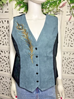 NWT Bob Mackie Wearable Art Blue Black Embroidered Peacock Feather Vest Size S - Image 1 of 4