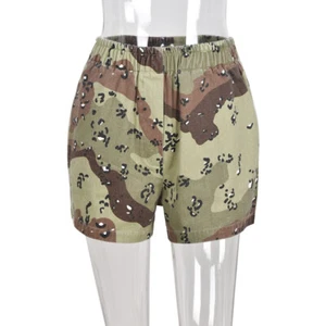 NEW Women Camouflage Elastic Waist  Straight Leg Shorts Pants Casual Bottoms - Picture 1 of 7