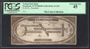 1800's $1 VERMONT STATE BANK WOODSTOCK, VT OBSOLETE NOTE PCGS EXTREMELY FINE-45 - Picture 1 of 2