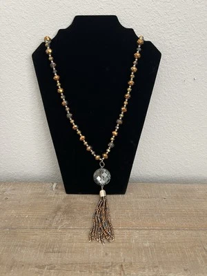 Chico's Largo Bronce Marrón Cuentas Grueso Colgante Collar Cuentas Borla Elegante Foto 1 de 4