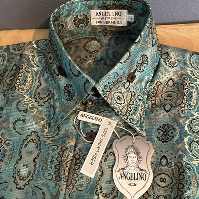 CAMISA RETRO ANGELINO PARA BERMUDA Teal/Dorado Microfibra NUEVA CON ETIQUETAS Talla M Foto 1 de 4