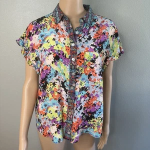 Nanette Lepore Short Sleeve Button Up Blouse Multicolor Orange Green Black Sz 12 - Picture 1 of 8