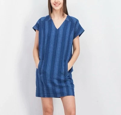 Mini Vestido JOIE Azul a Rayas Tinido Mezcla de Lino Cuello en V Talla XS Foto 1 de 4