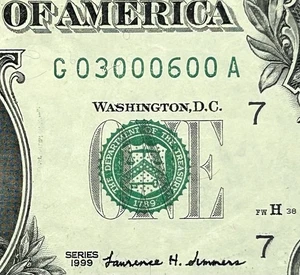 03000600 - Fancy Low Serial - 1999 $1 Federal Reserve Note XF - Picture 1 of 3