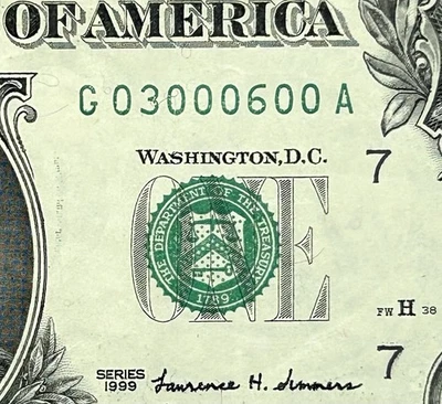 03000600 - Fancy Low Serial - 1999 $1 Federal Reserve Note XF - Image 1 of 3