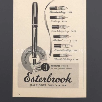 Pluma Estilográfica Esterbrook 1945 Anuncio Punto Renovación 33 Estilos Punta Escritura Cursiva Carta Foto 1 de 4