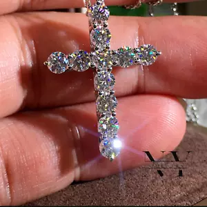 3 CT Round Brilliant Cut Moissanite Cross Wedding Pendant Solid 14K White Gold - Picture 1 of 8
