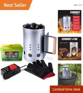 Charcoal Chimney Starter Set Steel 11.5" Heat Resistant Mitts BBQ Cooking Tools - Picture 1 of 11