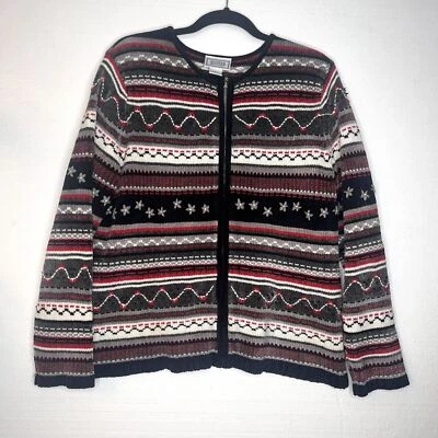 Cárdigan Jennifer Moore Vintage Chenille Negro Rojo Holiday Fair Isle talla grande Foto 1 de 4