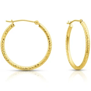 14K Real Solid Gold 1" Large Fancy Diamond-Cut Hoop Earrings Lightweight Hoops - Picture 1 of 13