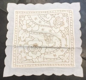 Vintage Cotton Taupe Cream Floral & Butterfly Lace Design Cushion Cover 12x12” - Picture 1 of 2