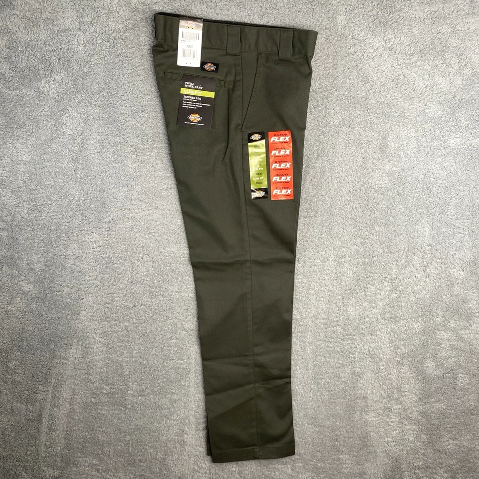 Men's Dickies Twill Work Pants Slim Fit Flex Tapered Leg Olive Green 29×30