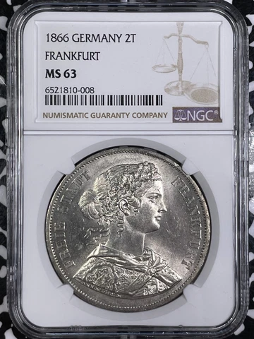 1866 Germany Frankfurt 2 Thaler NGC MS63 Lot#G4762 Large Silver! Choice UNC! Cover