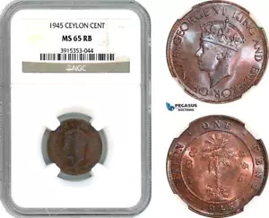 AJ689, Ceylon, George VI, 1 Cent 1945, NGC MS65RB - Picture 1 of 1