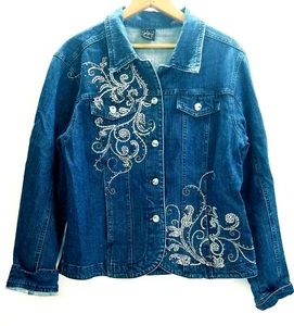Women's Blue Denim Jacket Button Up Rhinestone Studded Jean Jacket - Picture 1 of 5