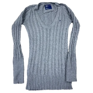 Vintage Y2K American Eagle Sweater Women Medium Gray Cable Knit V Neck Slim Prep - Picture 1 of 11