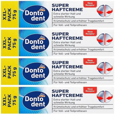 DONTODENT Super Haftcreme extra starker Halt mit Krümelschutz 4x 75g XXL Pack